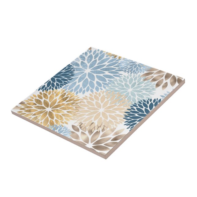 Modernes Blue Gold Dahlia Floral Fliese (Seite)