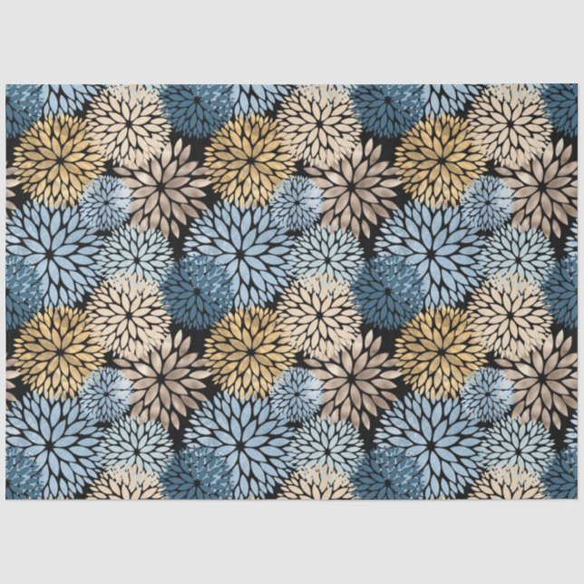 Modernes Blue Gold Dahlia Floral Seidenpapier (Vorderseite)