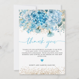 Modernes Blue Gold Floral Baby Dusche Begrüßungsze Dankeskarte