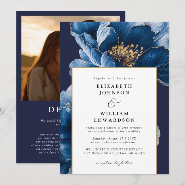 Modernes Blue Gold Floral Foto QR Code Hochzeit Einladung (Vorne/Hinten)