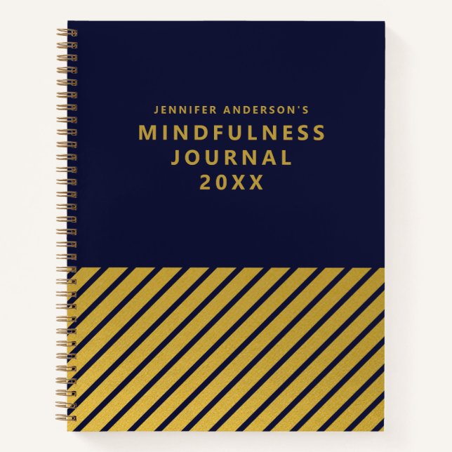 Modernes Blue Gold Foil Stripes Mindfully Journal Notizbuch (Vorderseite)