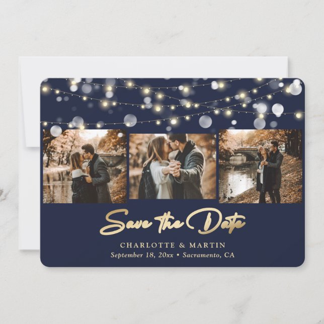 Modernes Blue Gold Hochzeitssemble für Navy - Foto Save The Date (Vorderseite)