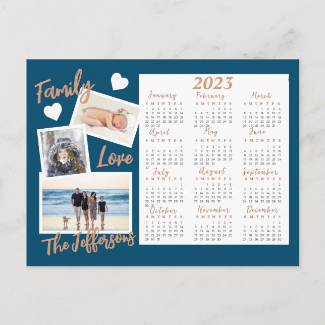 Modernes Blue & Gold New Year Calendar Foto Postkarte (Vorderseite)