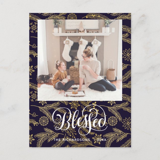 Modernes Blue Gold Pine Bough Elegantes Script BLE Postkarte (Vorderseite)