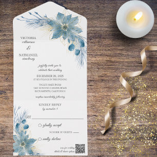 Modernes Blue & Gold-Poinsettia für den weißen QR- All In One Einladung