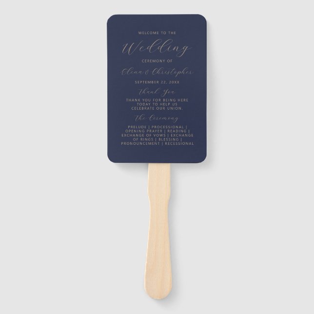 Modernes Blue Gold Script Hochzeitsprogramm für Na Fächer (Vorderseite)