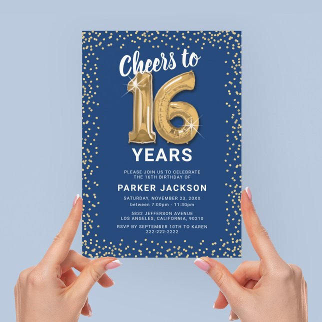 Modernes Blue Gold zum 16. Geburtstag Einladung (Von Creator hochgeladen)