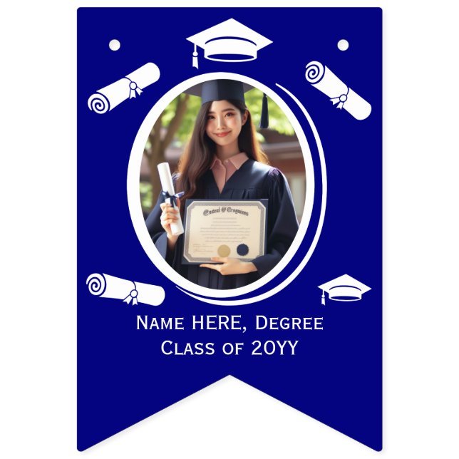 Modernes Blue Graduate Foto Graduation Cap, Diplom Wimpelkette (Erste Fahne)