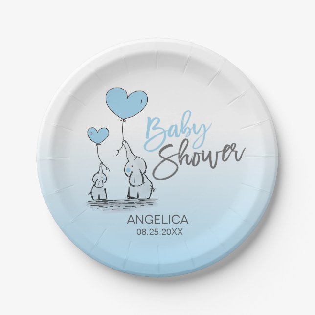 Modernes Blue Gray Blue Elephant BOY Baby Dusche Pappteller (Vorderseite)