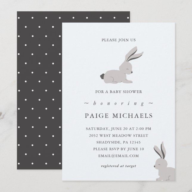 Modernes Blue Gray mit Bunnies und Dots Einladung (Vorne/Hinten)