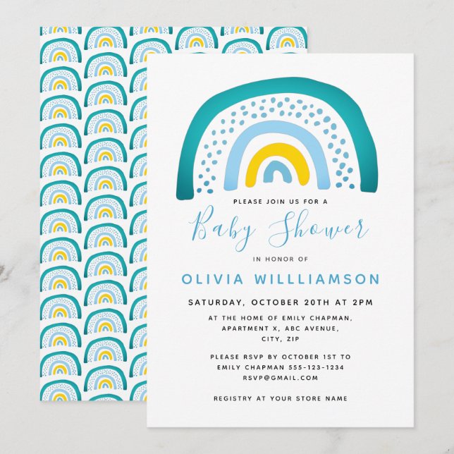 Modernes Blue Green Rainbow Baby Shower Baby Boy I Einladung (Vorne/Hinten)