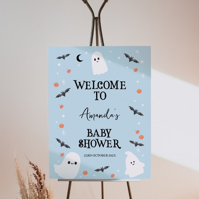 Modernes Blue Halloween Begrüßungs-Baby-Duschzeich Fotodruck (Blue Little Boo Baby Shower Welcome Sign, Halloween Baby Shower Welcome, Ghosts Baby Shower Welcome)