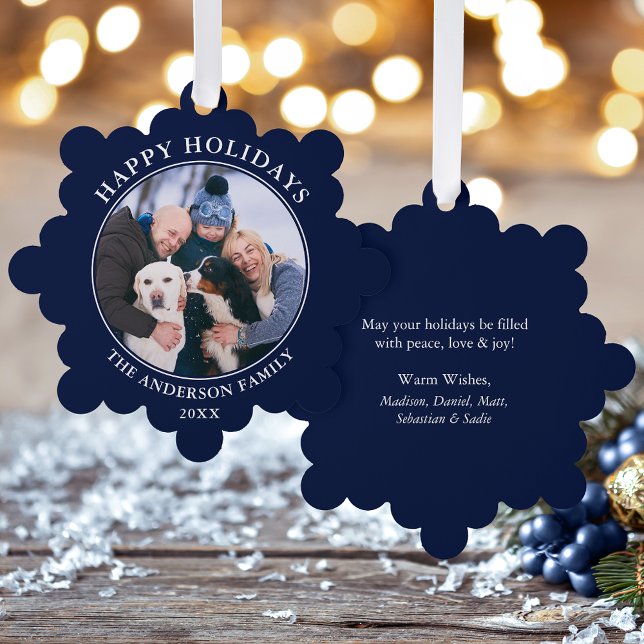 Modernes Blue Happy Holidays Foto Ornament Karte (A greeting card that is also an ornament! Customize with your photo and personalized text.)