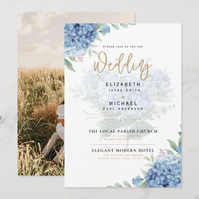 Modernes Blue Hydrangea FOTO Hochzeit Einladung (Vorne/Hinten)