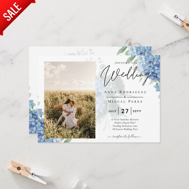 Modernes Blue Hydrangea FOTO Hochzeit Einladung (Von Creator hochgeladen)