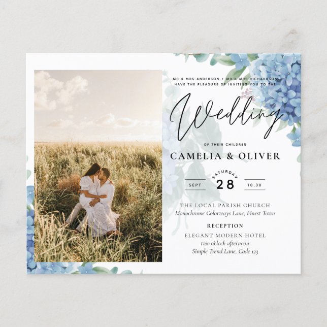 Modernes Blue Hydrangea FOTO Hochzeit Einladung Flyer (Vorne)
