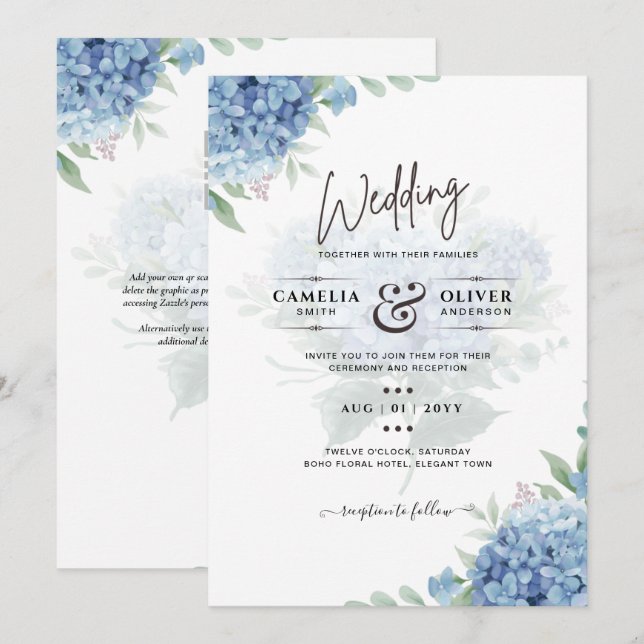 Modernes Blue Hydrangea Hochzeiteinladung QR Code Einladung (Vorne/Hinten)