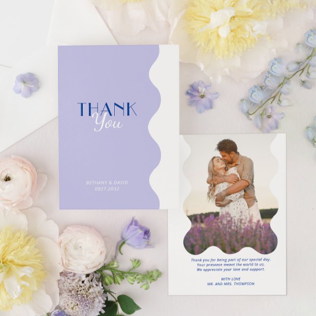 Modernes Blue Lavender Wave Border Foto Wedding Dankeskarte (Von Creator hochgeladen)