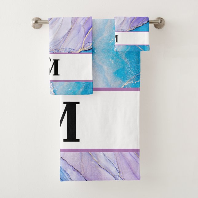 Modernes Blue & Lila Marbour Alcohol Ink Monogramm Badhandtuch Set (Insitu)