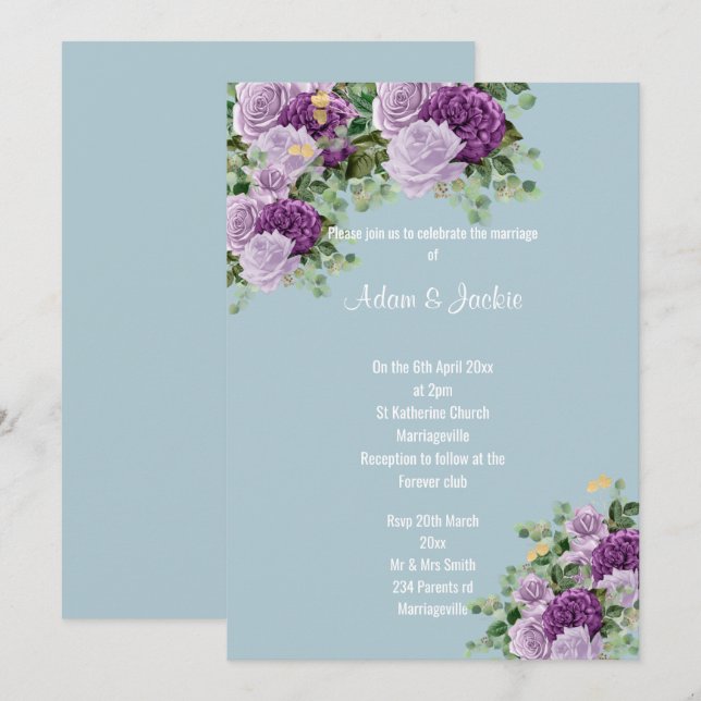 Modernes Blue Lilac Lila, blumengeschmücktes ELEGA Einladung (Vorne/Hinten)