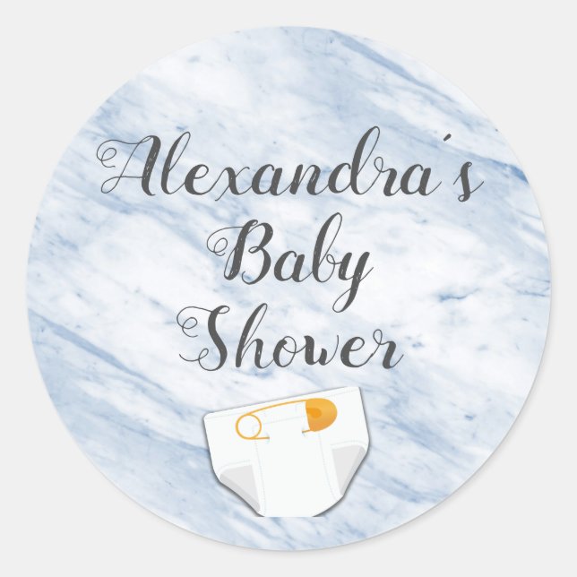 Modernes Blue Marble Baby Dusche Windeln Personali Runder Aufkleber (Vorderseite)