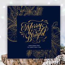 Modernes Blue Pine Bough Floral Gold Script