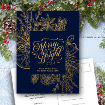 Modernes Blue Pine Bough Floral Gold Script