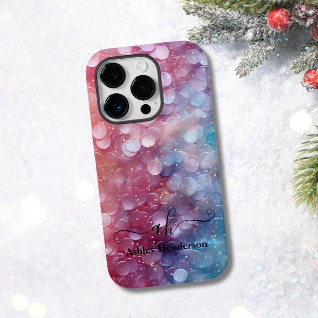 Modernes Blue Pink Ombre Glitzer Mit Monogramm Chi Case-Mate iPhone 14 Pro Hülle (Von Creator hochgeladen)