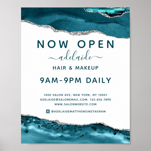 Modernes Blue Silver Glitzer Friseur Salon Open Si Poster (Vorne)