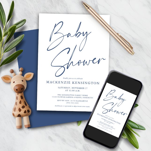 Modernes Blue Simple Handwriting Script Baby Dusch Einladung (Modern Blue Simple Handwritten Script Baby Shower Invitation with Instant Download Option)