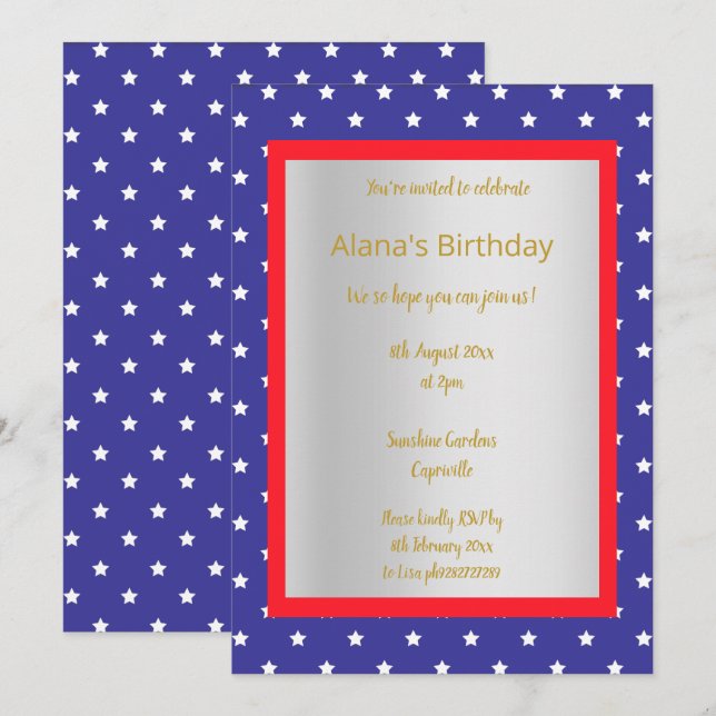 MODERNES BLUE Star JEDEN ANLASS PARTY Gold Einladung (Vorne/Hinten)
