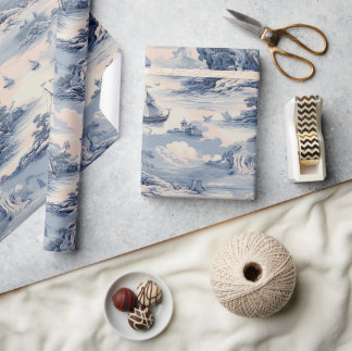 Modernes Blue Stom Ocean Toile de Jouy Pattern Geschenkpapier