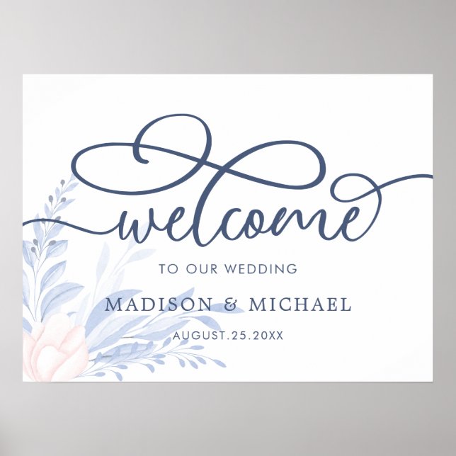 Modernes Blue Succulent Wedding Welcome Sing Poster (Vorne)