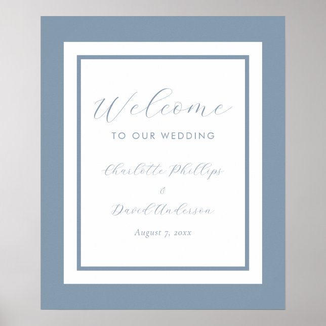 Modernes Blue Wedding Begrüßungszeichen Poster (Vorne)