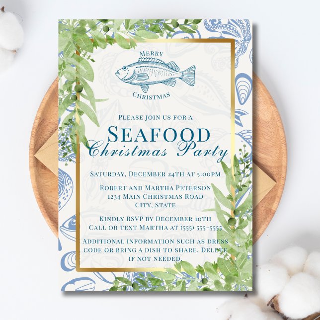 Modernes Blue White Fish Seafood Weihnachtsfest Pa Einladung (Von Creator hochgeladen)