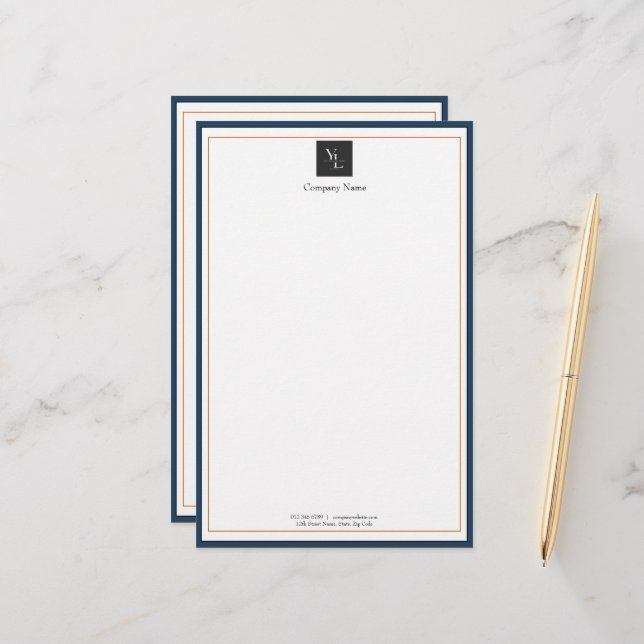 Modernes Blue White Gold mit Business-Logo Briefpapier (Vorderseite/Rückseite Beispiel)