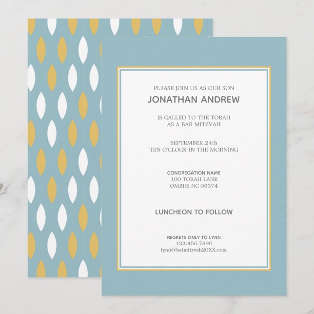 Modernes Blue White & Gold Muster Bar Mitzvah Einladung (Vorne/Hinten)