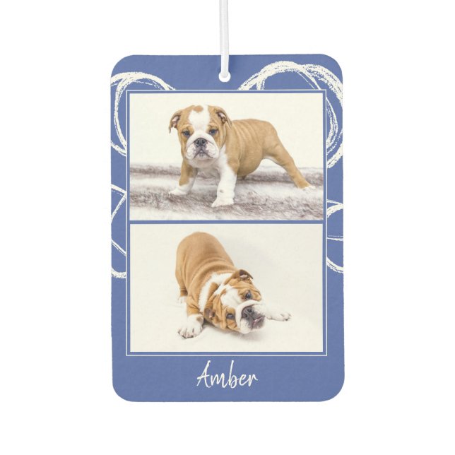 Modernes Blue & White Pet Hund FotoCollage Autolufterfrischer (Vorderseite)