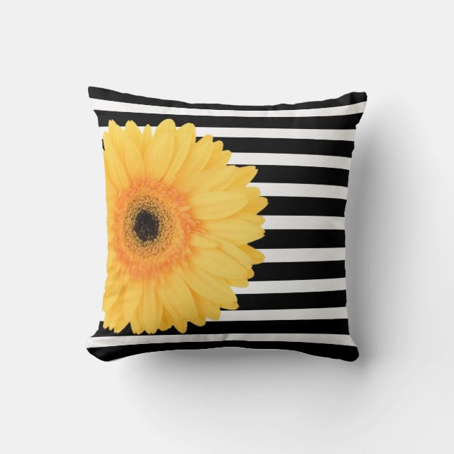 Modernes Blumen, B&W Stripes gelbes Gänseblümchen Kissen (Vorderseite)
