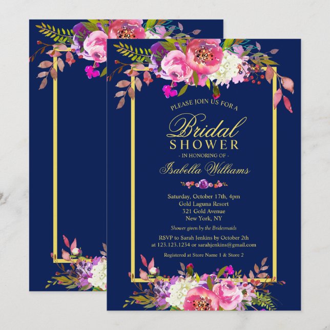 Modernes Blumen Navy Blue Gold Brautparty Einladung (Vorne/Hinten)