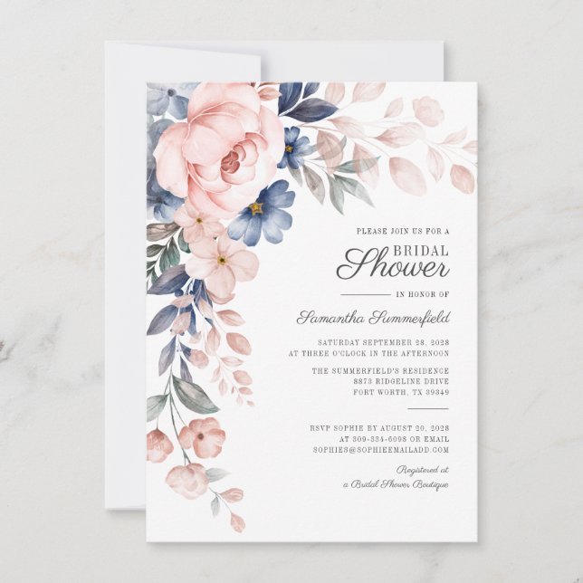 Modernes Blumenblau Rosa Botanisches Brautparty Einladung (Vorderseite)