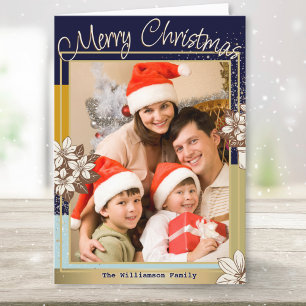 Modernes Blumenblauer Gold Foto Frohe Weihnachten