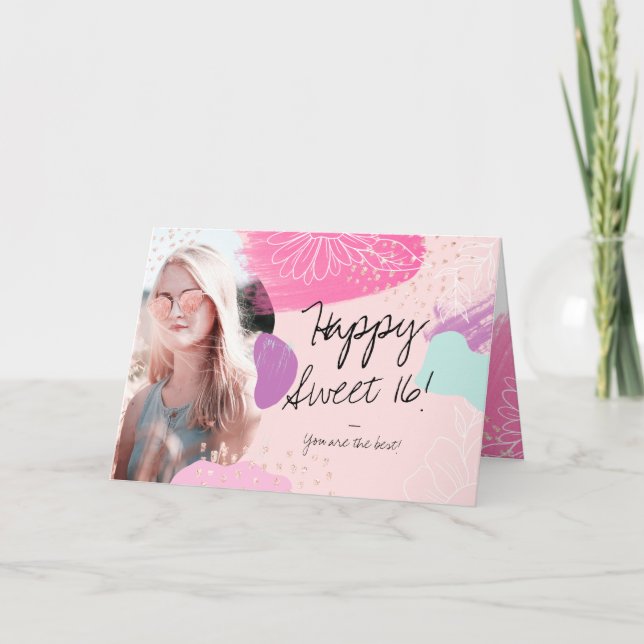 Modernes blumenchic Happy Geburtstag Foto süß 16 Karte (Vorderseite)