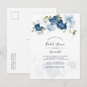 Modernes Blumendusty Blue Script-Brautparty Einladungspostkarte