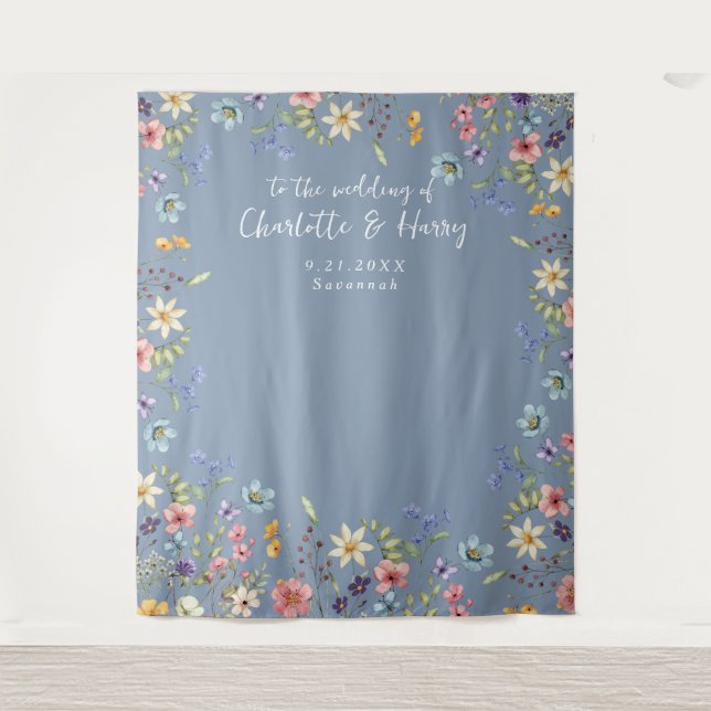 Modernes Blumendusty Blue Wedding Foto Hintergrund Wandteppich (Vorderseite)