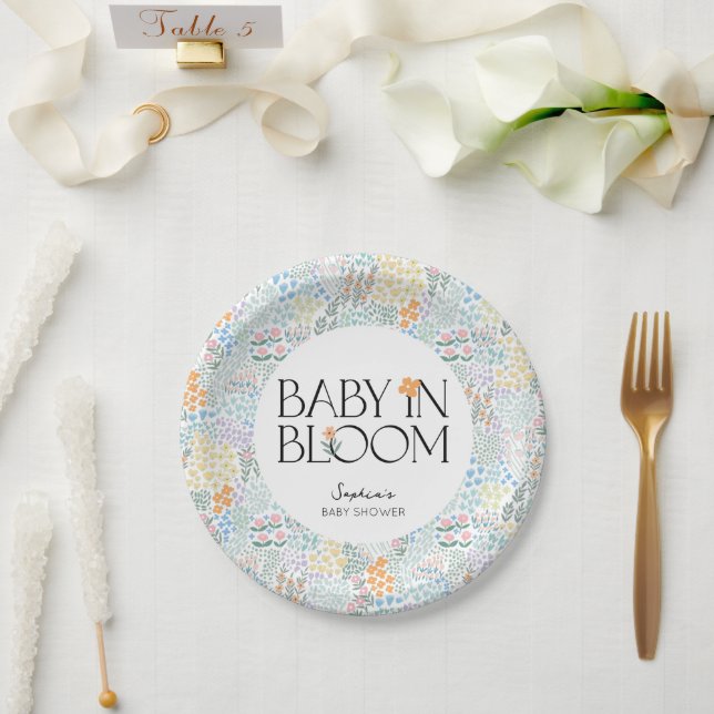 Modernes, blumenfarbenes Baby in der Blütendusche Pappteller (Hochzeit)