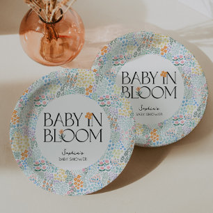 Modernes, blumenfarbenes Baby in der Blütendusche Pappteller