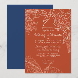 Modernes Blumengestein Art Navy Orange Leaf Einladung