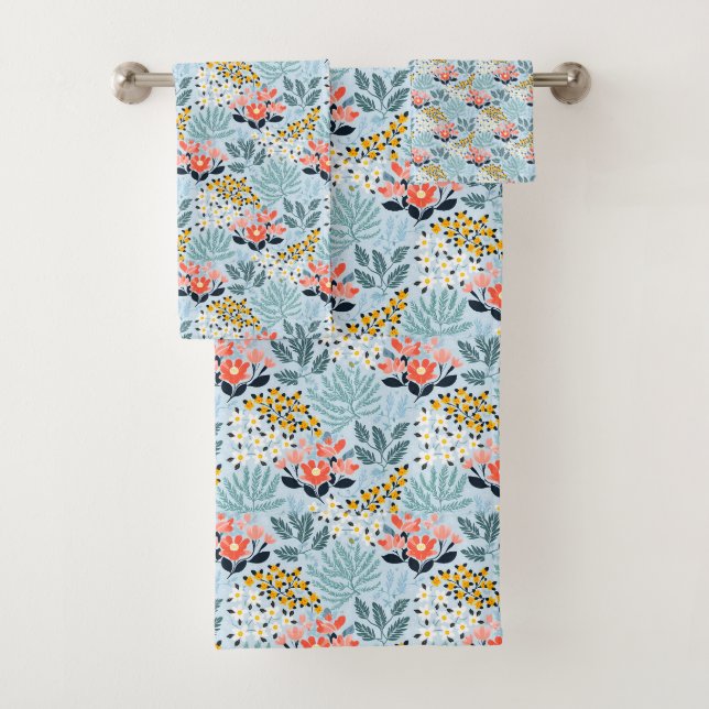 Modernes Blumengestein auf blau Badhandtuch Set (Insitu)