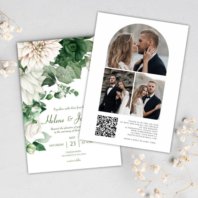 Modernes Blumenkode QR Foto Smaragdgrüne Hochzeit Einladung (Modern Floral Photo QR Code Emerald Green Wedding Invitation)